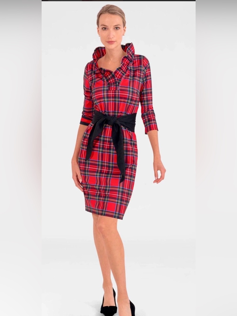 Gretchen Scott Classic Red plaid Ruffle Neck Dress Sz. M